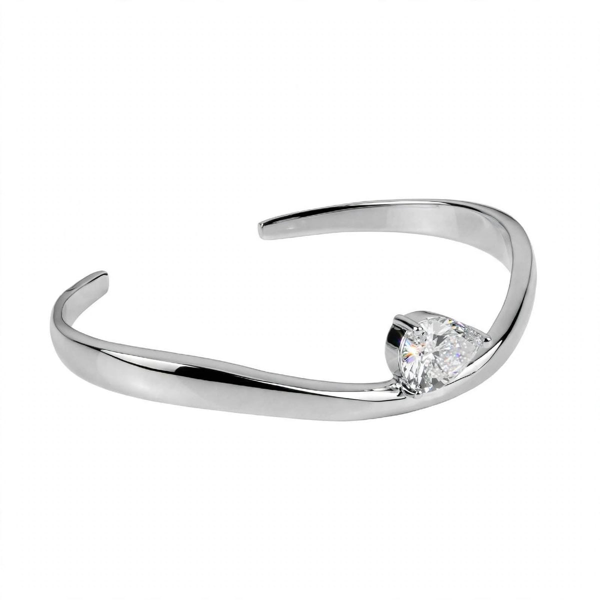 14K Yellow Gold Pear-Cut Solitaire Wave Cuff Bangle
