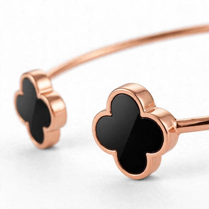 18K Gold Plated Open Cuff Bangle with Twin Black Clover Motifs