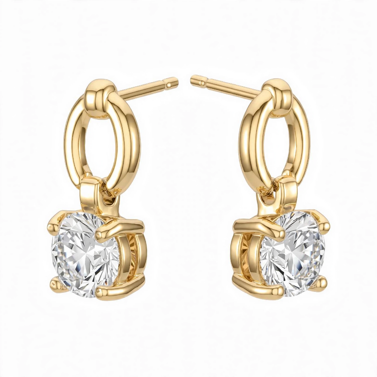 925 Sterling Silver Solitaire Brilliant-Cut Round Dangle Hoops