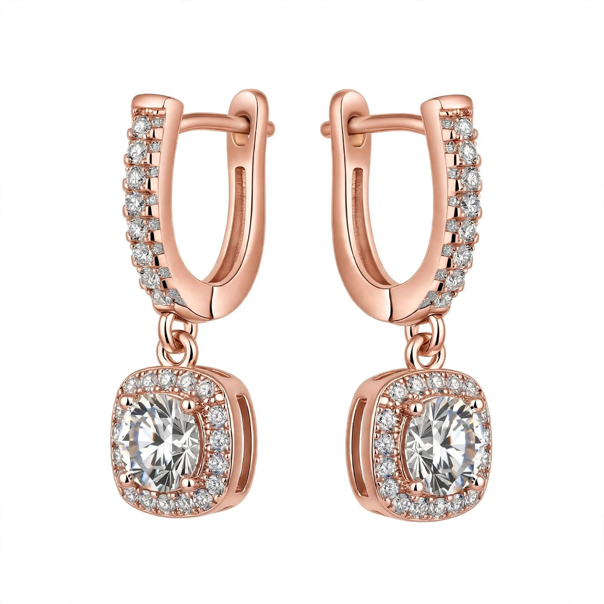 14K Yellow Gold Cushion Halo Dangle Drop Earrings