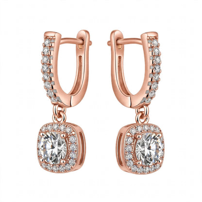 14K Yellow Gold Cushion Halo Dangle Drop Earrings