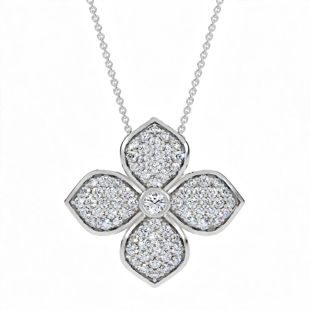 18K Yellow Gold Pavé Diamond Four-Petal Flower Pendant Necklace