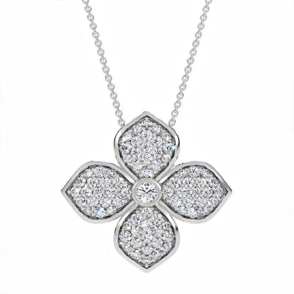 18K Yellow Gold Pavé Diamond Four-Petal Flower Pendant Necklace