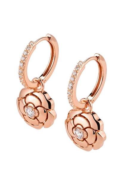 18K Rose Gold Camellia Flower Drop Earrings with Brilliant Diamonds.