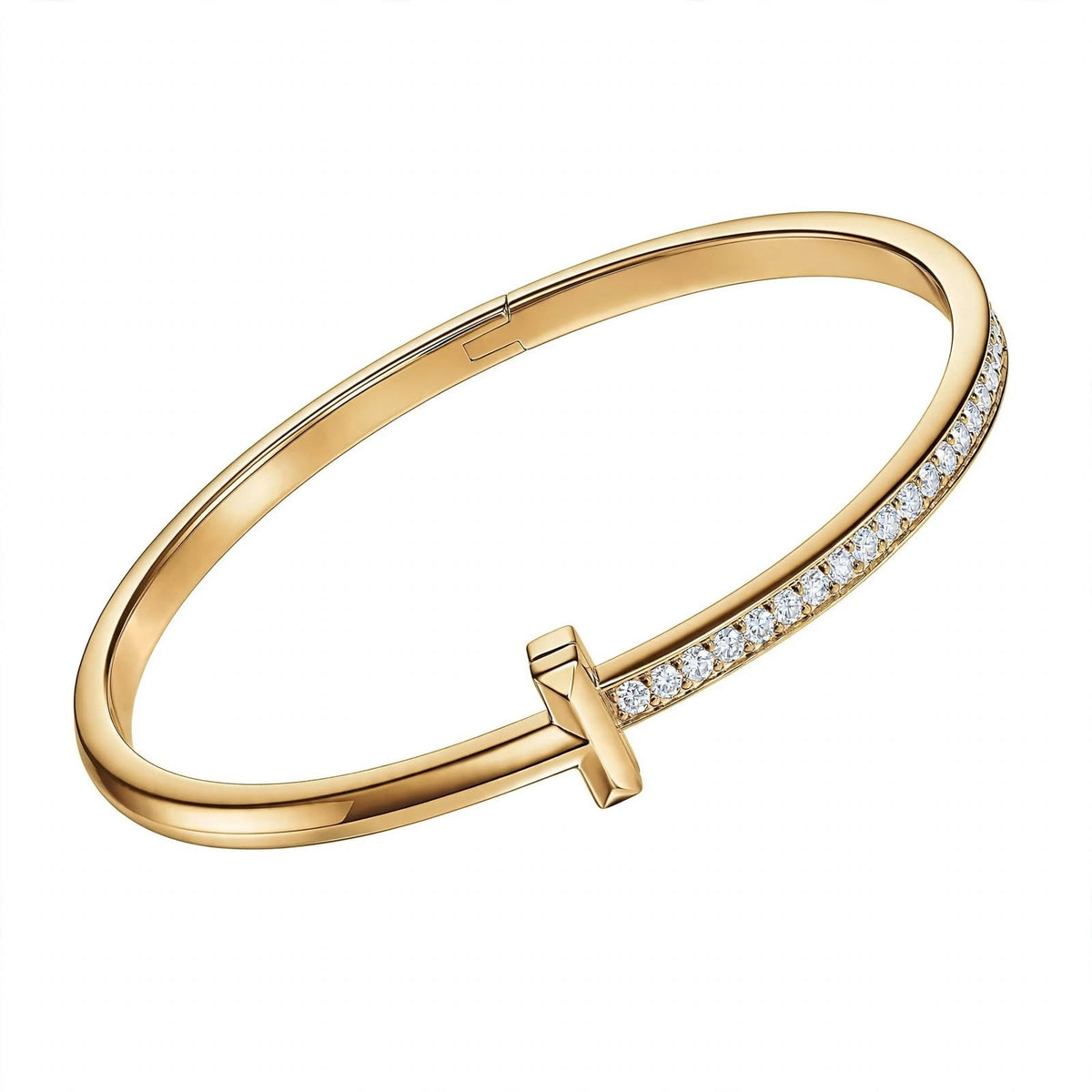 18K Yellow Gold Pavé Diamond T-Bar Hinged Bangle Bracelet