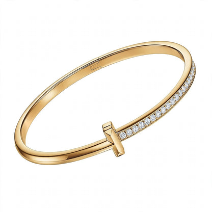 18K Yellow Gold Pavé Diamond T-Bar Hinged Bangle Bracelet