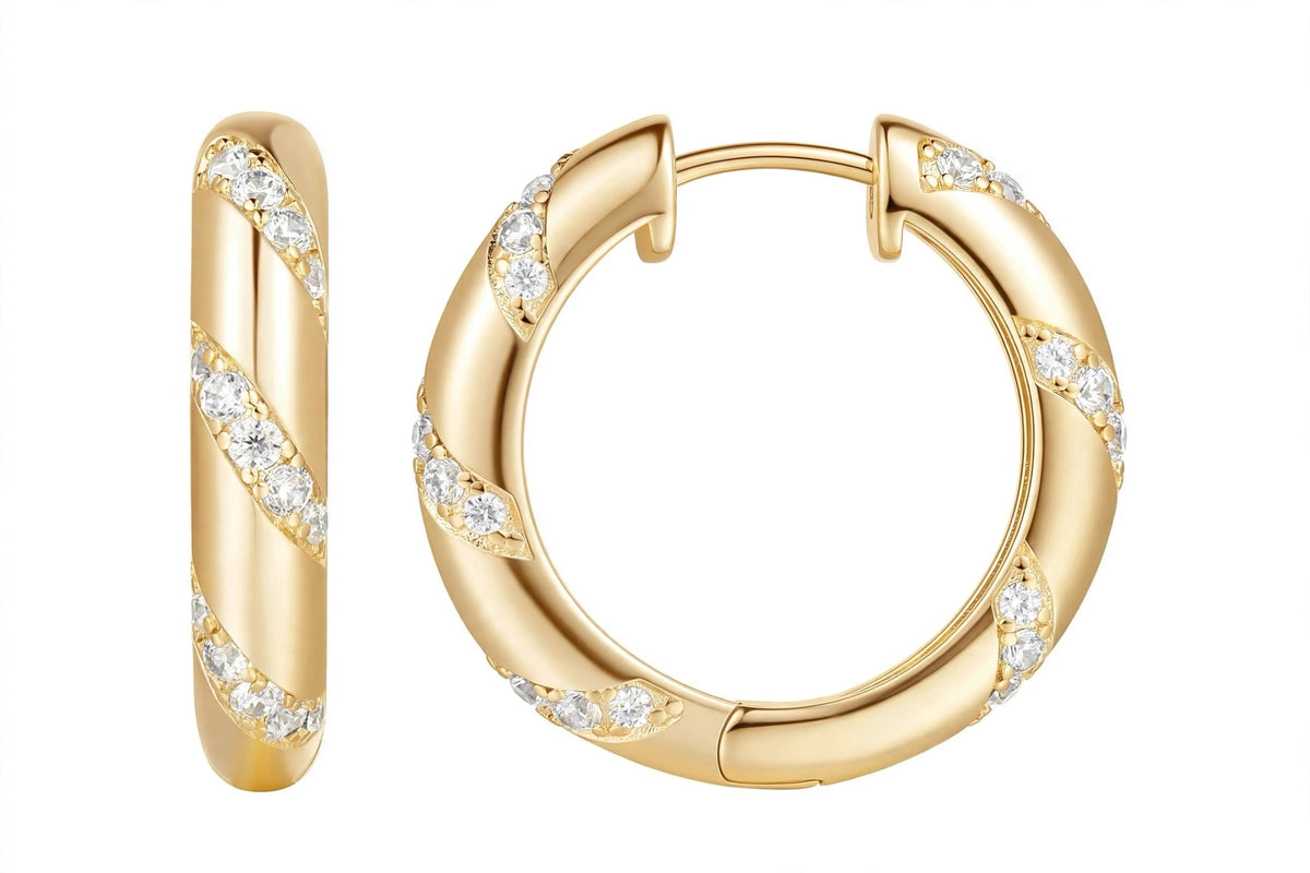 14K Yellow Gold Twisted Diamond Huggie Hoop Earrings