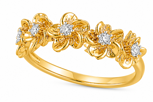 Gold-plated Plumeria Floral Ring with diamonds set at the center of each flower.