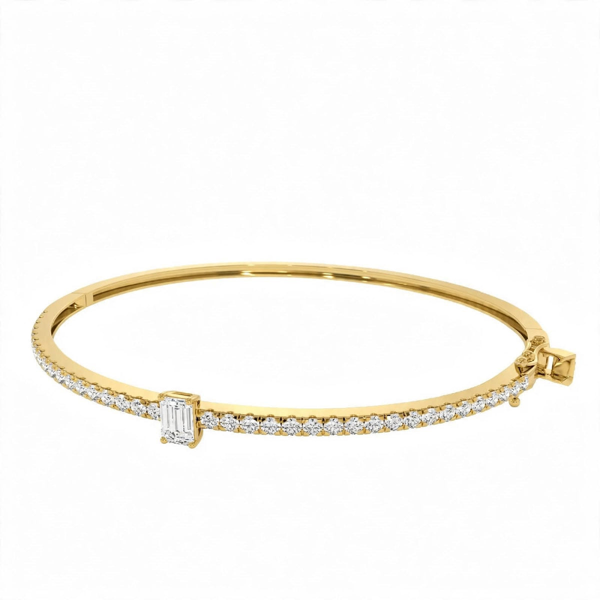 14K White Gold Emerald-Cut Diamond Solitaire Pavé Bangle Bracelet