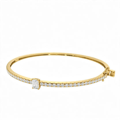 14K White Gold Emerald-Cut Diamond Solitaire Pavé Bangle Bracelet