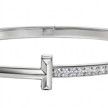 18K Yellow Gold Pavé Diamond T-Bar Hinged Bangle Bracelet