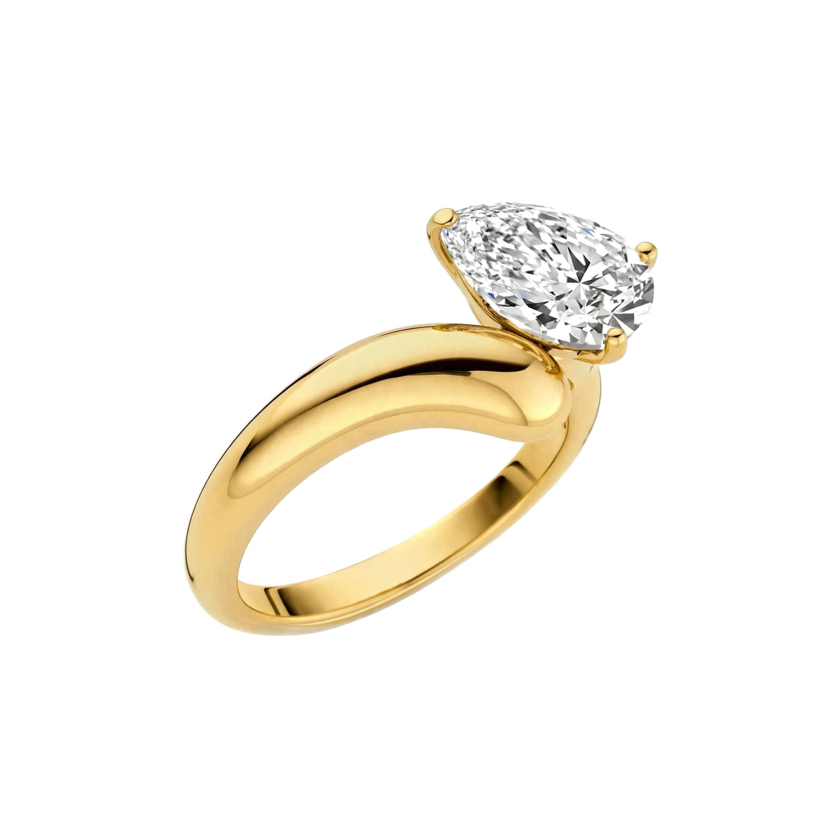 18K Yellow Gold Asymmetric Pear Cut Diamond Engagement Ring.