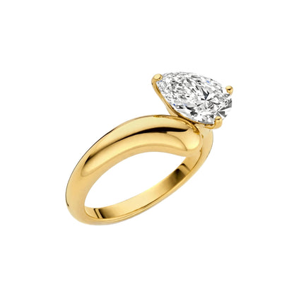 18K Yellow Gold Asymmetric Pear Cut Diamond Engagement Ring.
