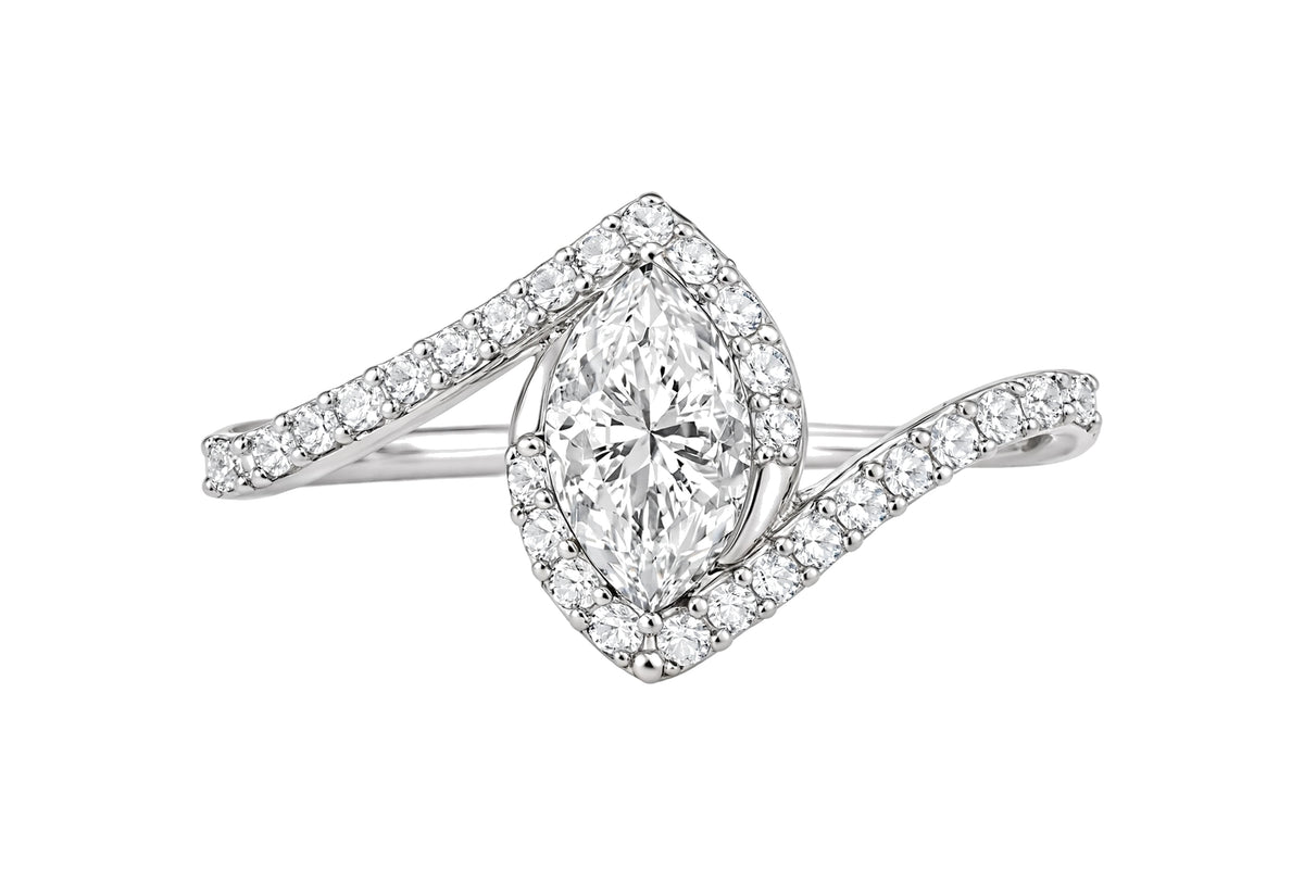 14K Yellow Gold Marquise Diamond Bypass Engagement Ring with Pavé Halo.
