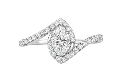 14K Yellow Gold Marquise Diamond Bypass Engagement Ring with Pavé Halo.
