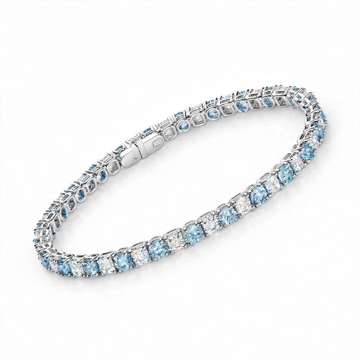14K White Gold Classic Aquamarine and Diamond Alternating Tennis Bracelet