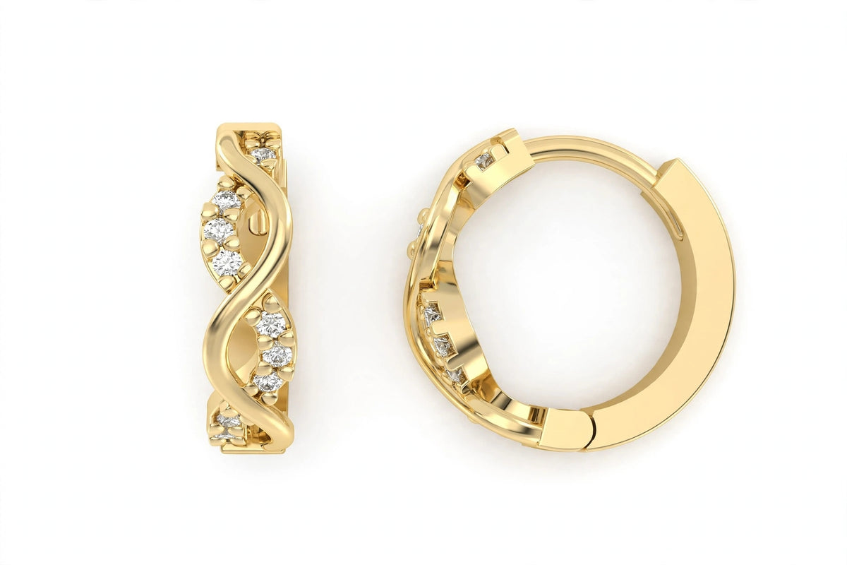 Yellow Gold Infinity Twist Diamond Huggie Hoop Earrings