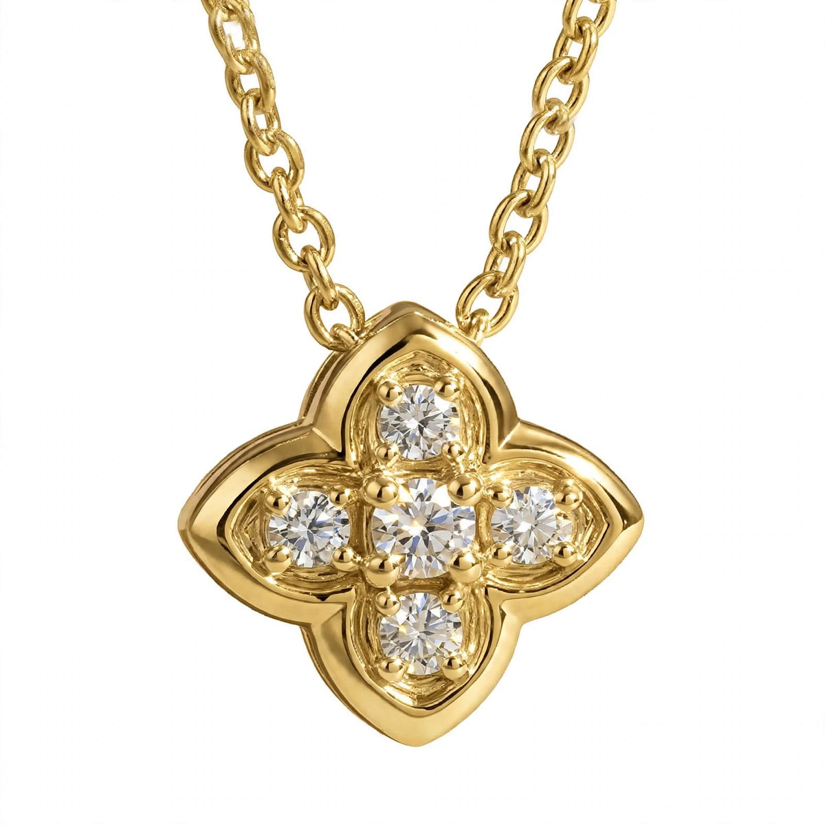 18K Yellow Gold Four-Petal Flower Diamond Pendant Necklace