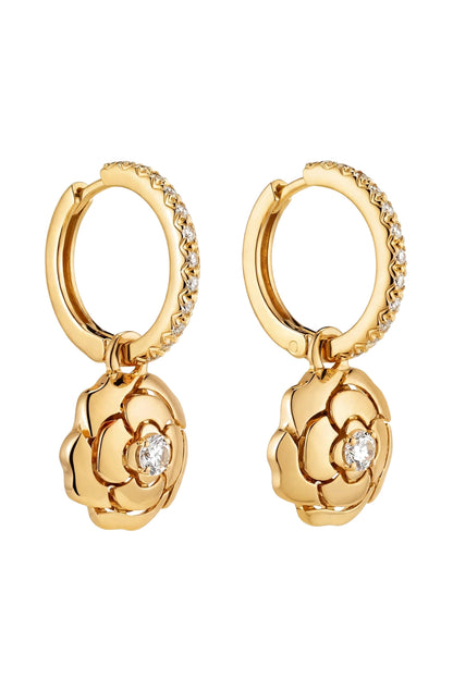 18K Rose Gold Camellia Flower Drop Earrings with Brilliant Diamonds.