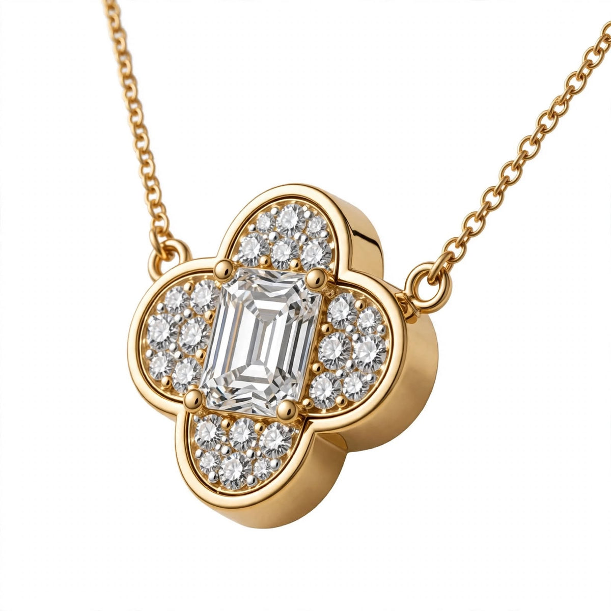 18K Yellow Gold Emerald-Cut Diamond Clover Pendant Necklace