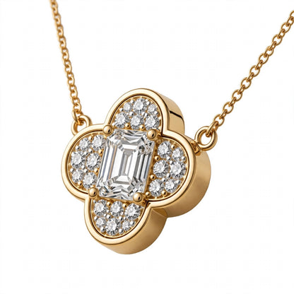 18K Yellow Gold Emerald-Cut Diamond Clover Pendant Necklace