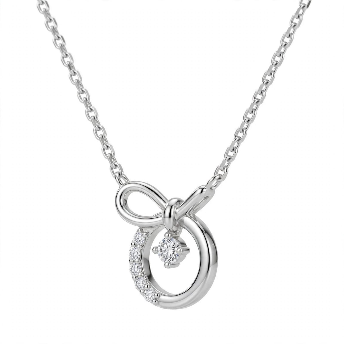 14K White Gold Promise Knot Bow Diamond Pendant Necklace