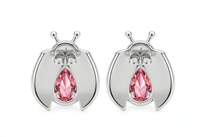 14K Gold Ladybug Stud Earrings with Pear-Cut Pink Zirconia & Crystal Eyes.