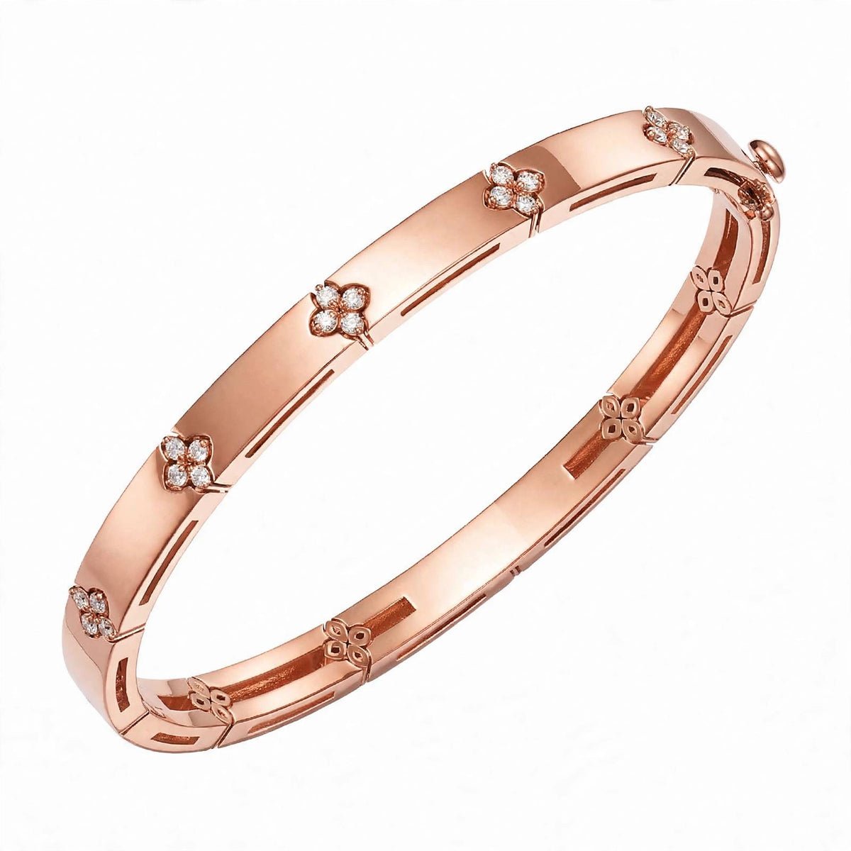 18K Yellow Gold Diamond Flower Station Bangle Bracelet