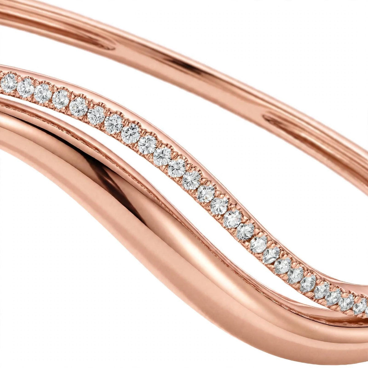 14K Yellow Gold Double Wave Pavé Diamond Bangle Bracelet