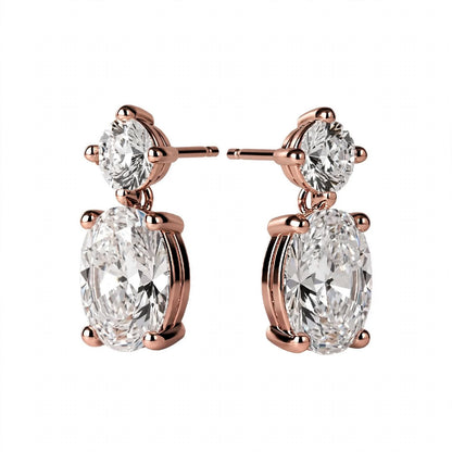 14K Rose Gold Two-Stone Oval and Round Diamond Drop Earrings
