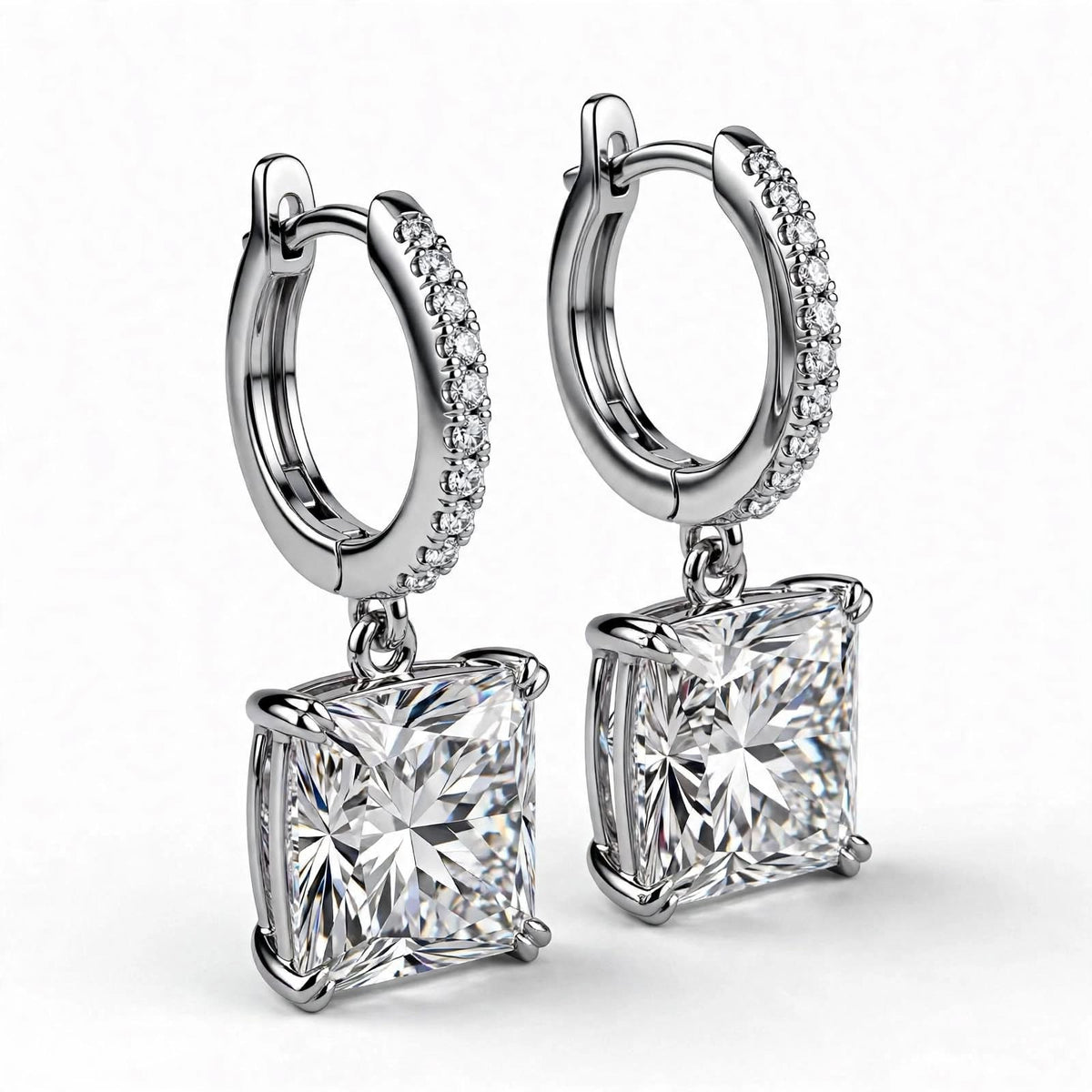 14K Yellow Gold Princess Cut Diamond Huggie Drop Earrings