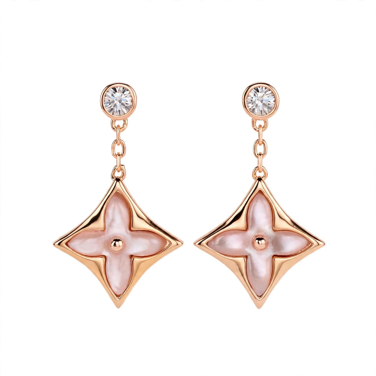 Handmade Pink Mother of Pearl Clover Drop Earrings in Gold Filled.