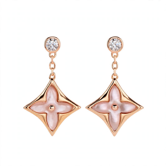 Handmade Pink Mother of Pearl Clover Drop Earrings in 14K Rose Gold Filled.