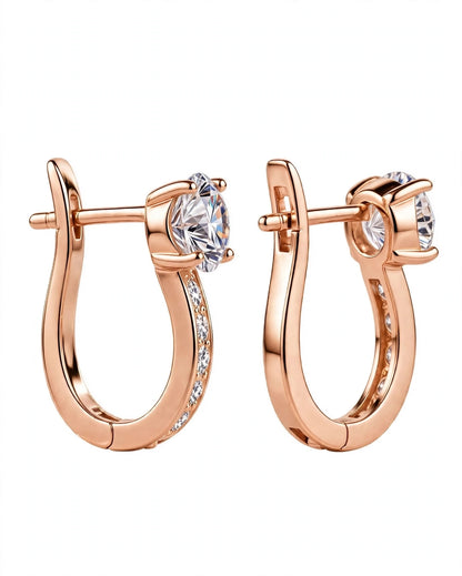 Rose Gold Leverback Hoop Earrings with Solitaire Top Stone & Pave Accent Crystals