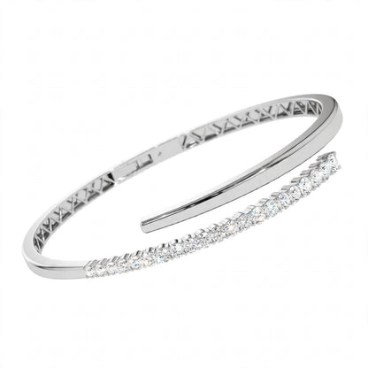 14K White Gold Cross Over Graduating Diamond Bypass Bangle Bracelet