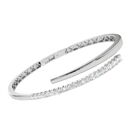 14K White Gold Cross Over Graduating Diamond Bypass Bangle Bracelet