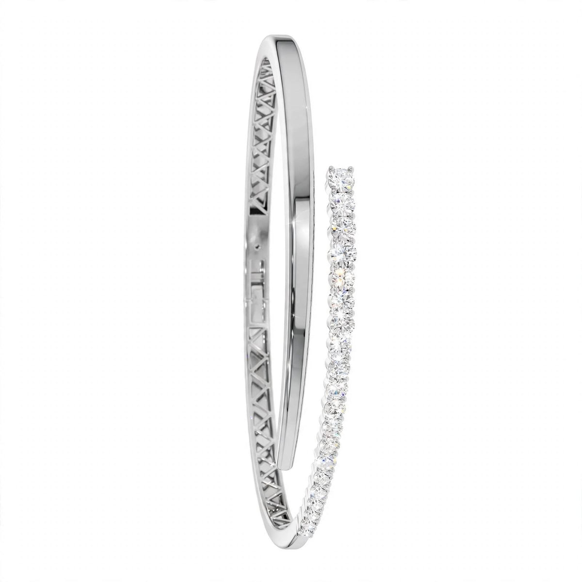 14K White Gold Cross Over Graduating Diamond Bypass Bangle Bracelet