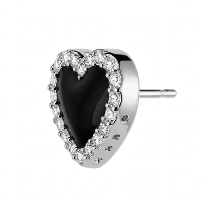 14K Yellow Gold Black Onyx Heart Stud Earrings with Diamond Halo