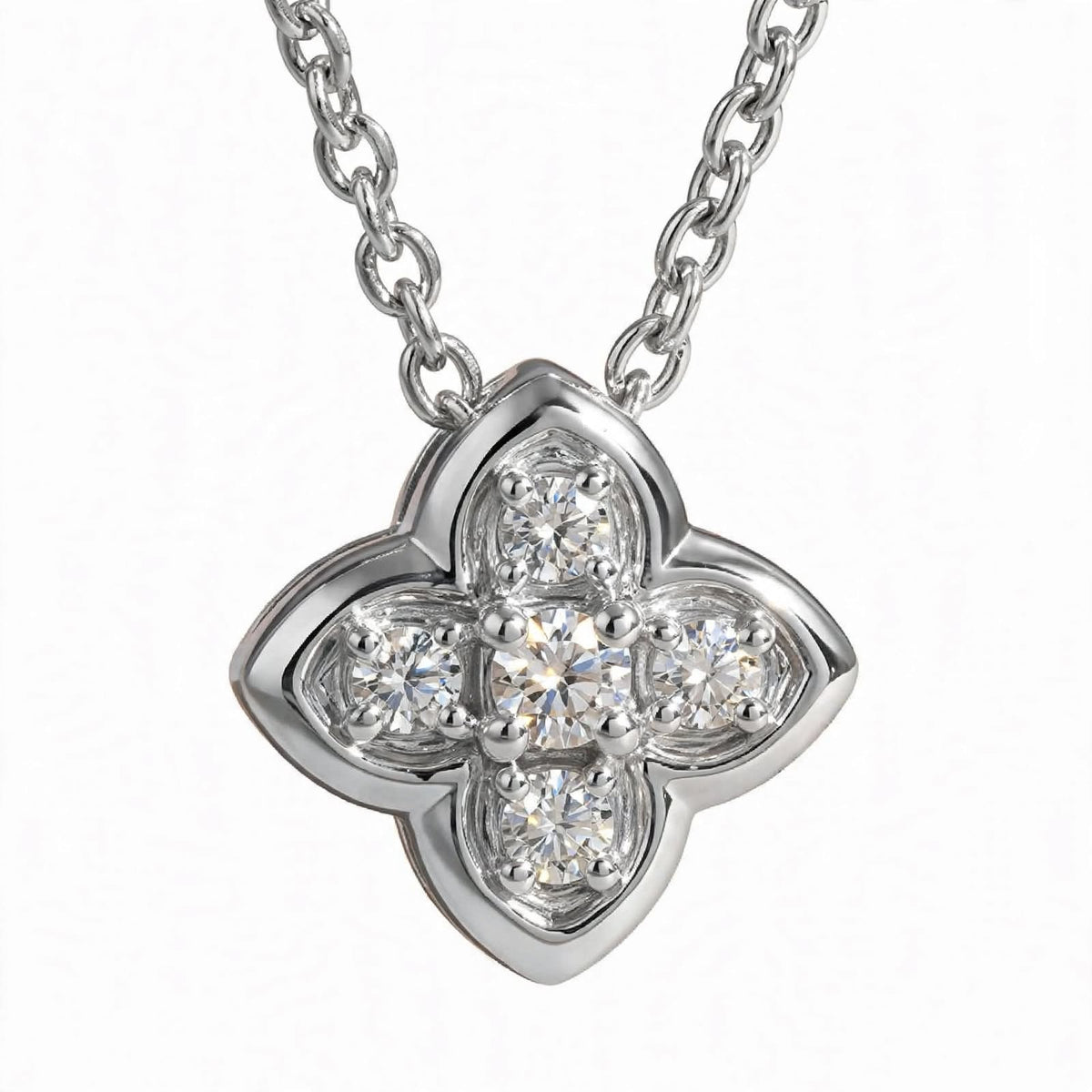 18K Yellow Gold Four-Petal Flower Diamond Pendant Necklace