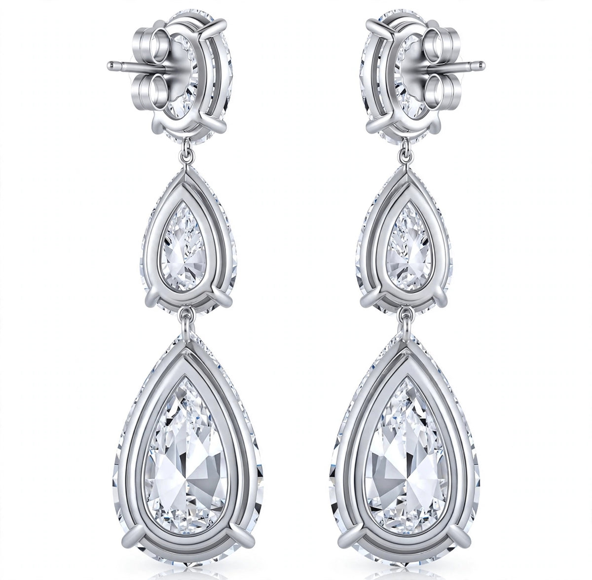 18K White Gold Three Stone Diamond Earrings