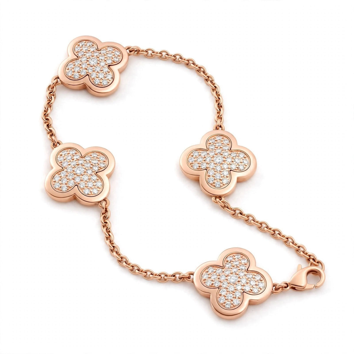 18K Yellow Gold Pavé Diamond Clover Charm Link Bracelet