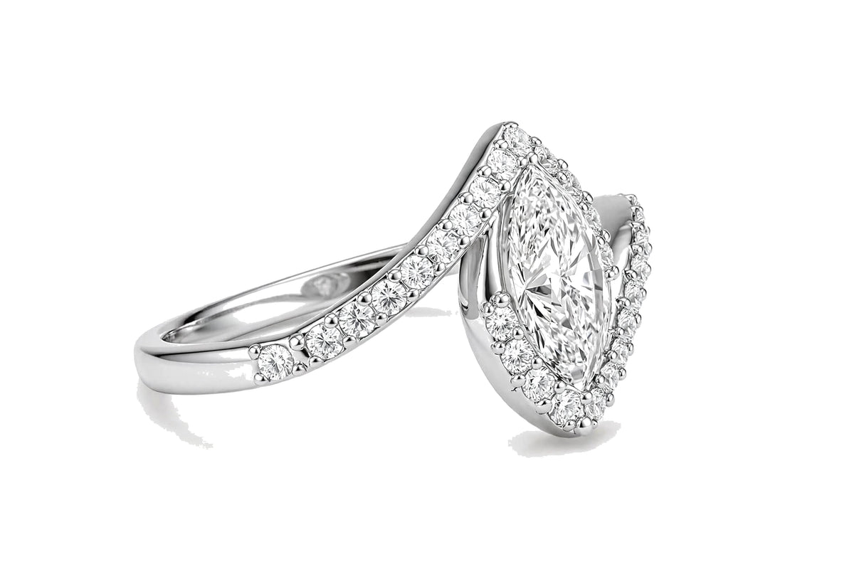 14K Yellow Gold Marquise Diamond Bypass Engagement Ring with Pavé Halo.