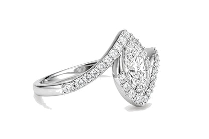 14K Yellow Gold Marquise Diamond Bypass Engagement Ring with Pavé Halo.
