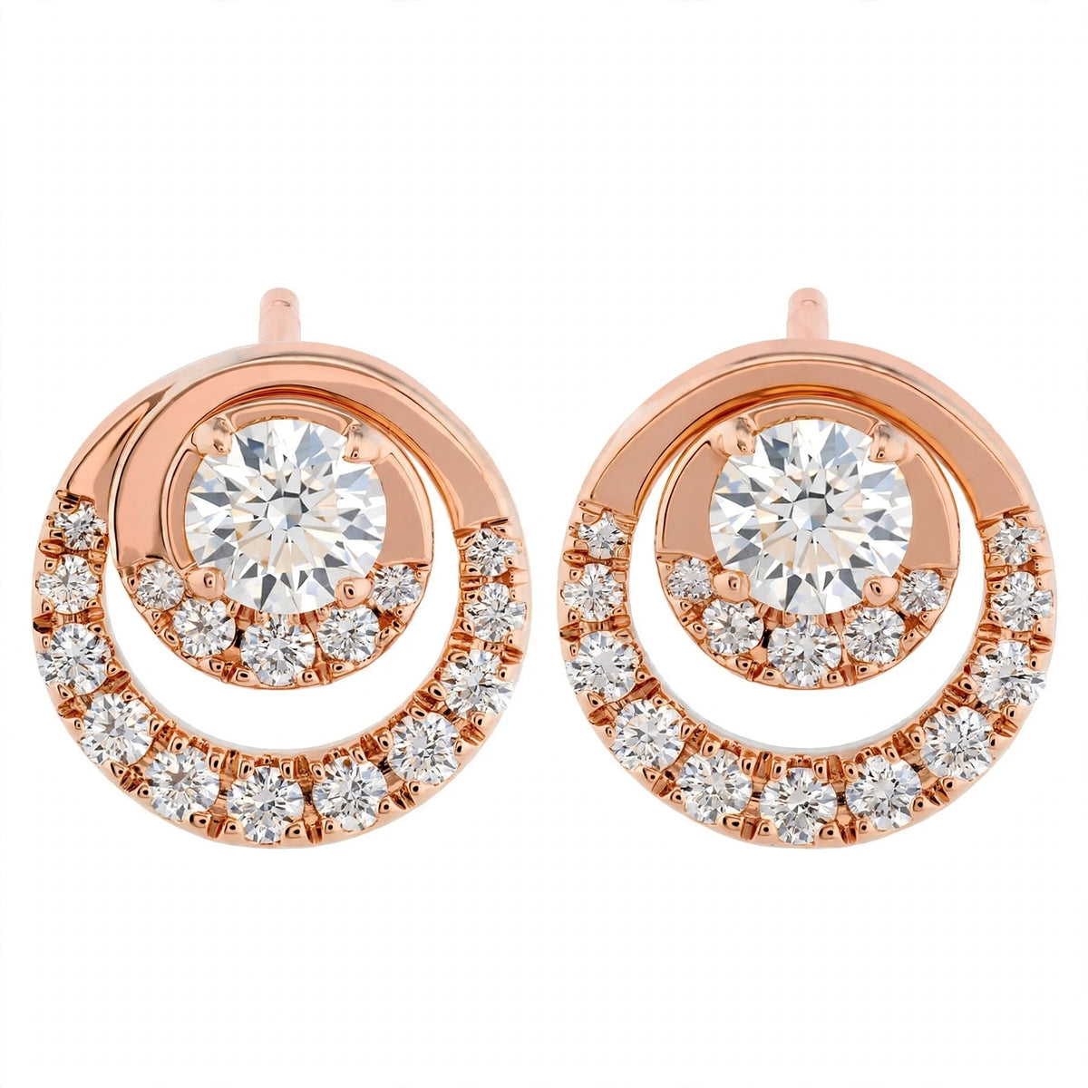 14K Yellow Gold Round Diamond Double Circle Stud Earrings