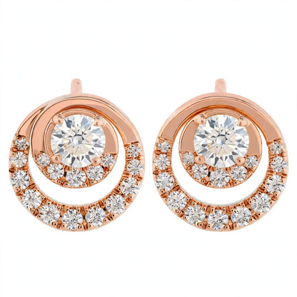 14K Yellow Gold Round Diamond Double Circle Stud Earrings