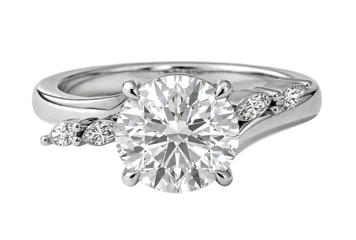 14K Yellow Gold Nature-Inspired Round Cut Solitaire Engagement Ring with Marquise Diamond Accents.