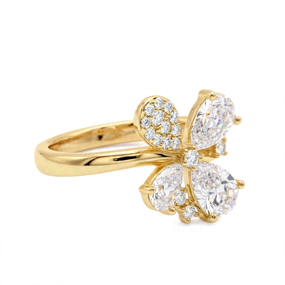 14K Yellow Gold Fancy Cluster Diamond Butterfly Ring