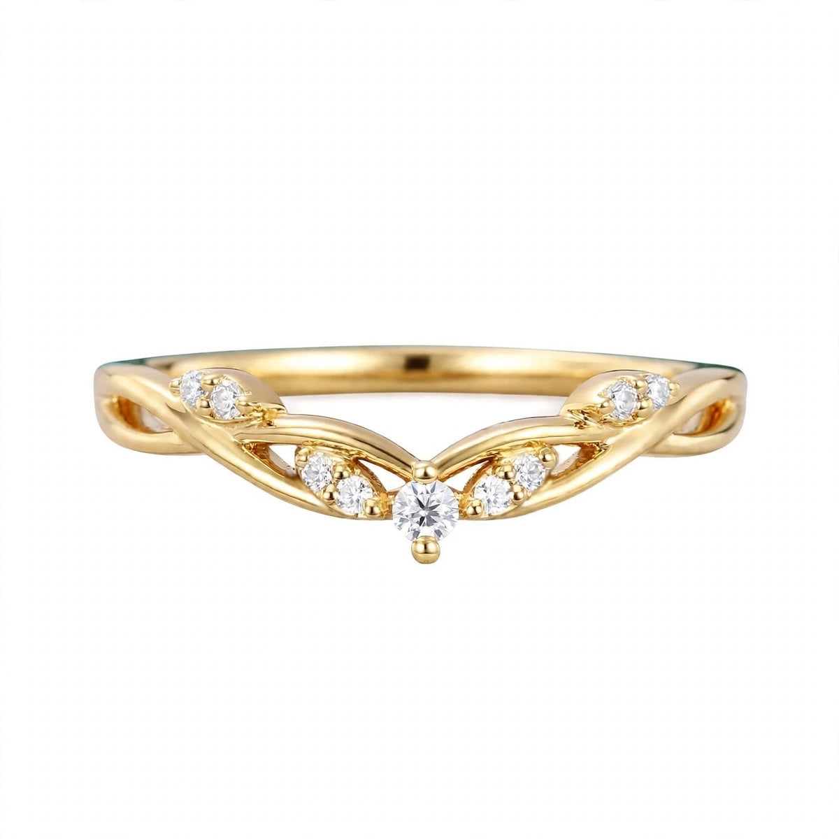 14K Yellow Gold Nature-Inspired Curved Diamond Wedding Band