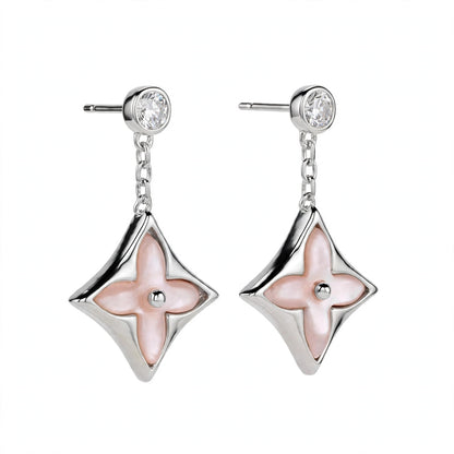 Handmade Pink Mother of Pearl Clover Drop Earrings in Gold Filled.
