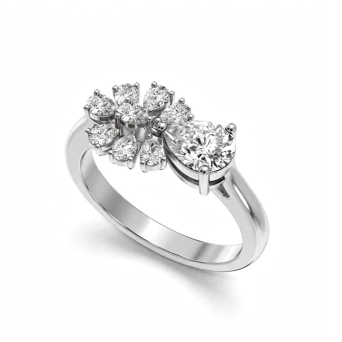 Nature-Inspired Pear Diamond Flower Petal Cluster Ring